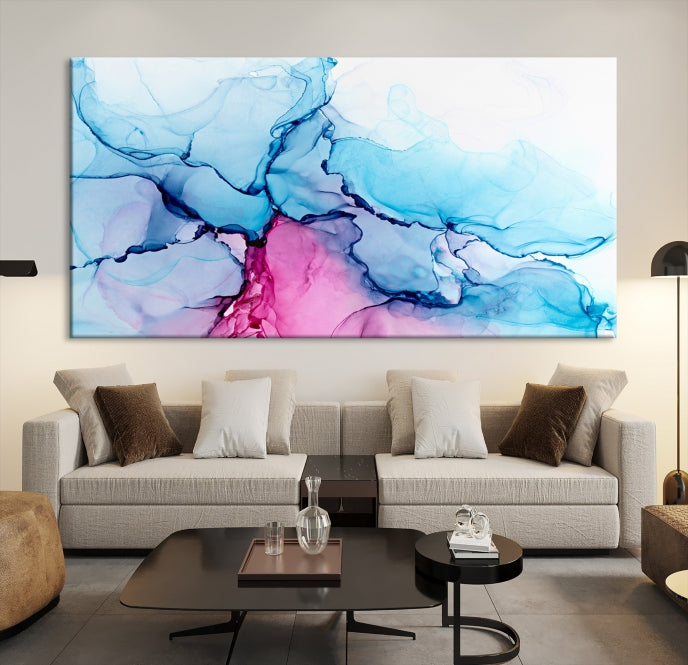 Blue and Pink Abstract Painting Fluid Effect Large Wall Art Modern Canvas Print