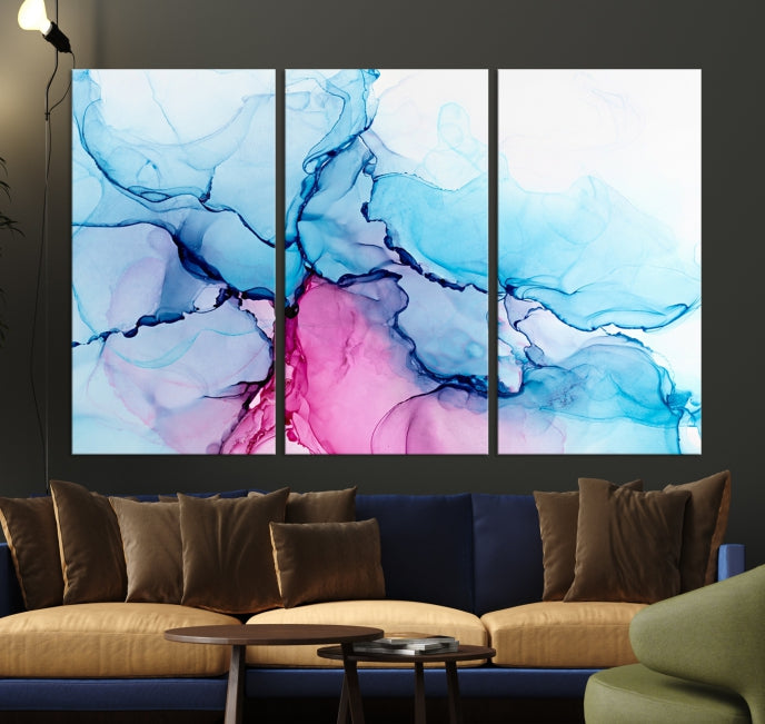 Blue and Pink Abstract Painting Fluid Effect Large Wall Art Modern Canvas Print