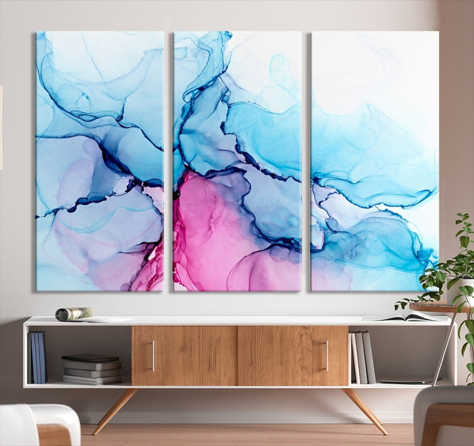 Blue and Pink Abstract Painting Fluid Effect Large Wall Art Modern Canvas Print