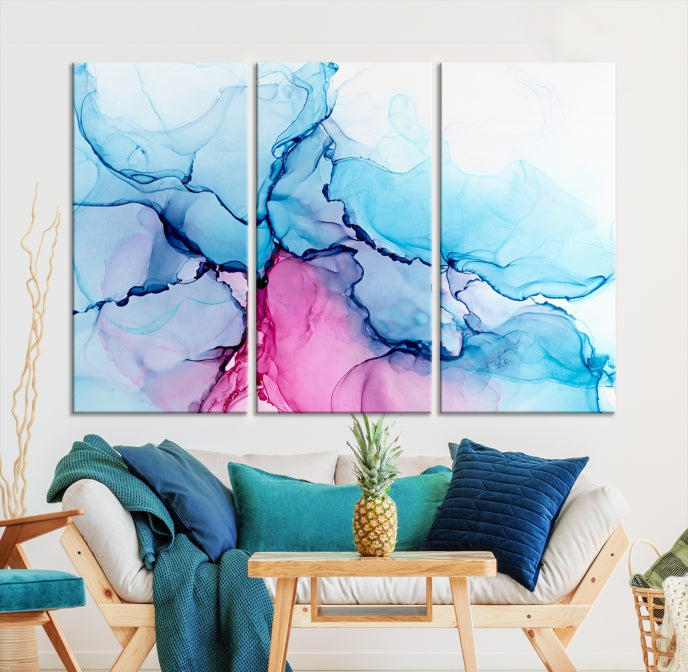 Blue and Pink Abstract Painting Fluid Effect Large Wall Art Modern Canvas Print