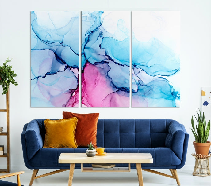 Blue and Pink Abstract Painting Fluid Effect Large Wall Art Modern Canvas Print