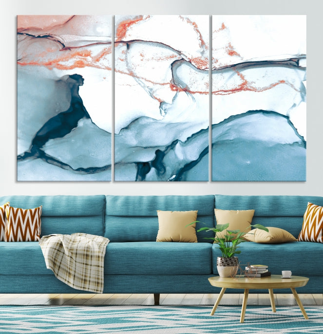 Blue and Rose Gold Abstract Marble Canvas Wall Art Print Modern Wall Decor