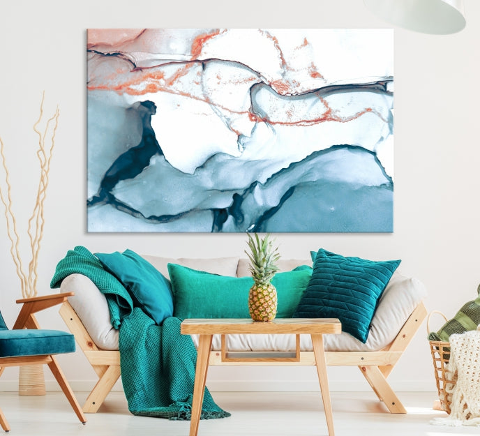 Blue and Rose Gold Abstract Marble Canvas Wall Art Print Modern Wall Decor