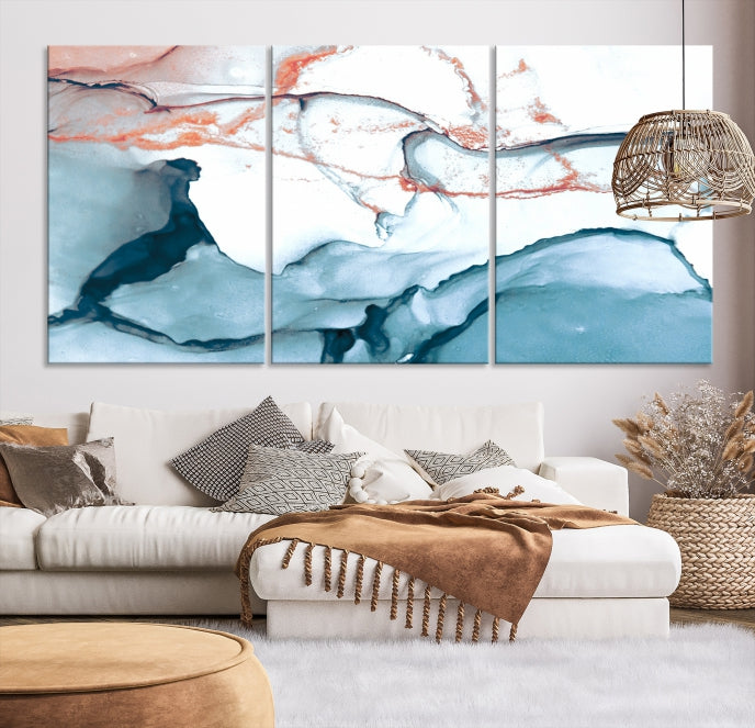 Blue and Rose Gold Abstract Marble Canvas Wall Art Print Modern Wall Decor