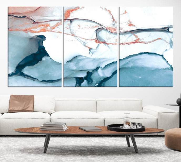 Blue and Rose Gold Abstract Marble Canvas Wall Art Print Modern Wall Decor