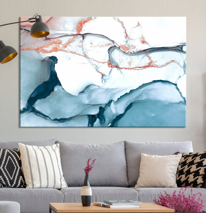 Blue and Rose Gold Abstract Marble Canvas Wall Art Print Modern Wall Decor