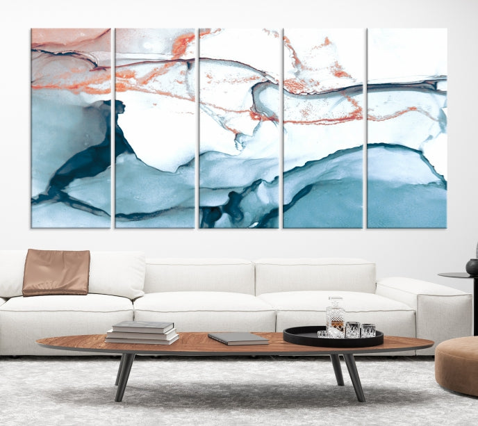 Blue and Rose Gold Abstract Marble Canvas Wall Art Print Modern Wall Decor