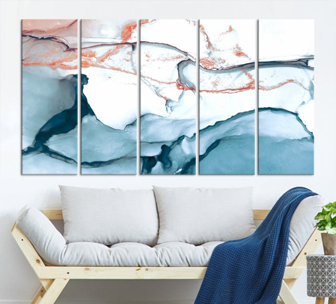 Blue and Rose Gold Abstract Marble Canvas Wall Art Print Modern Wall Decor