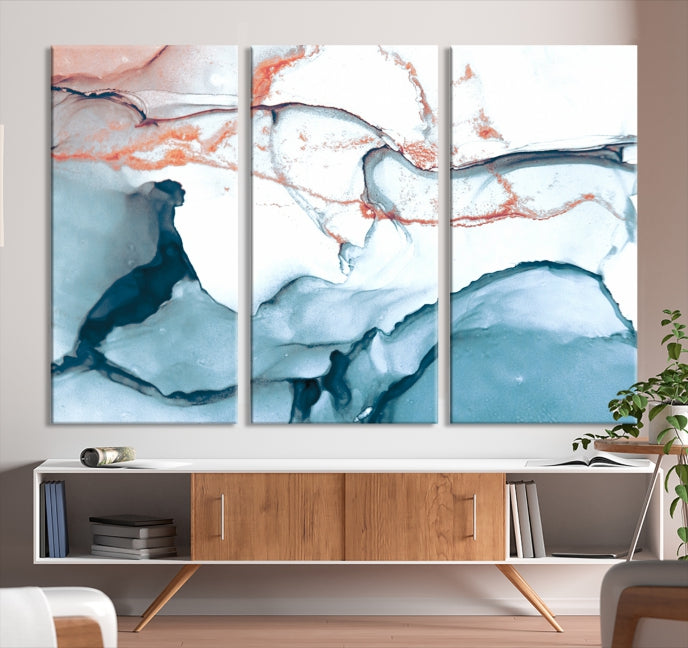 Blue and Rose Gold Abstract Marble Canvas Wall Art Print Modern Wall Decor