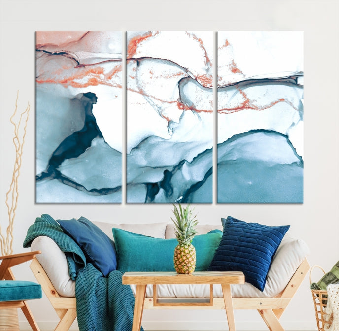 Blue and Rose Gold Abstract Marble Canvas Wall Art Print Modern Wall Decor