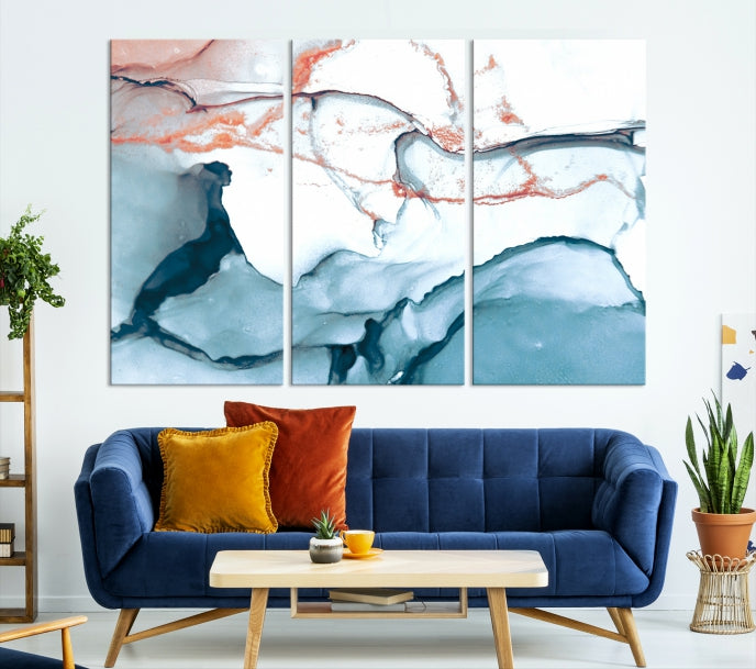 Blue and Rose Gold Abstract Marble Canvas Wall Art Print Modern Wall Decor