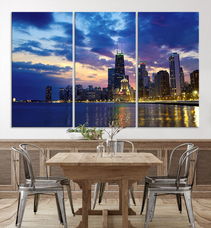 Blue Chicago Night Skyline Downtown Cityscape Large Wall Art Canvas Print