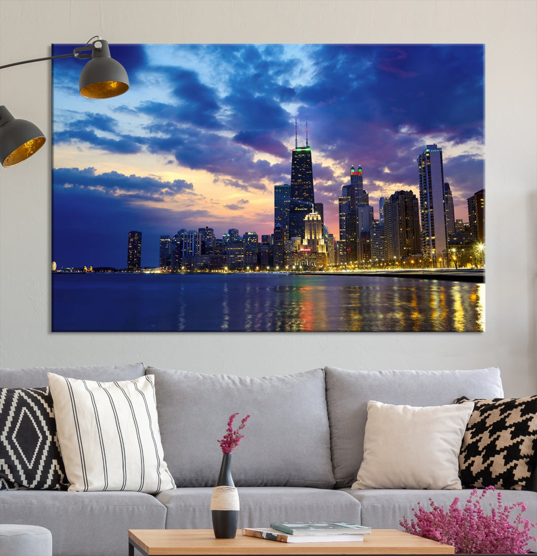 Blue Chicago Night Skyline Downtown Cityscape Large Wall Art Canvas Print