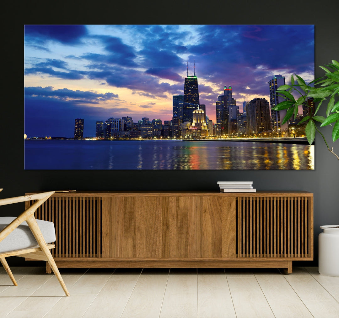 Blue Chicago Night Skyline Downtown Cityscape Large Wall Art Canvas Print