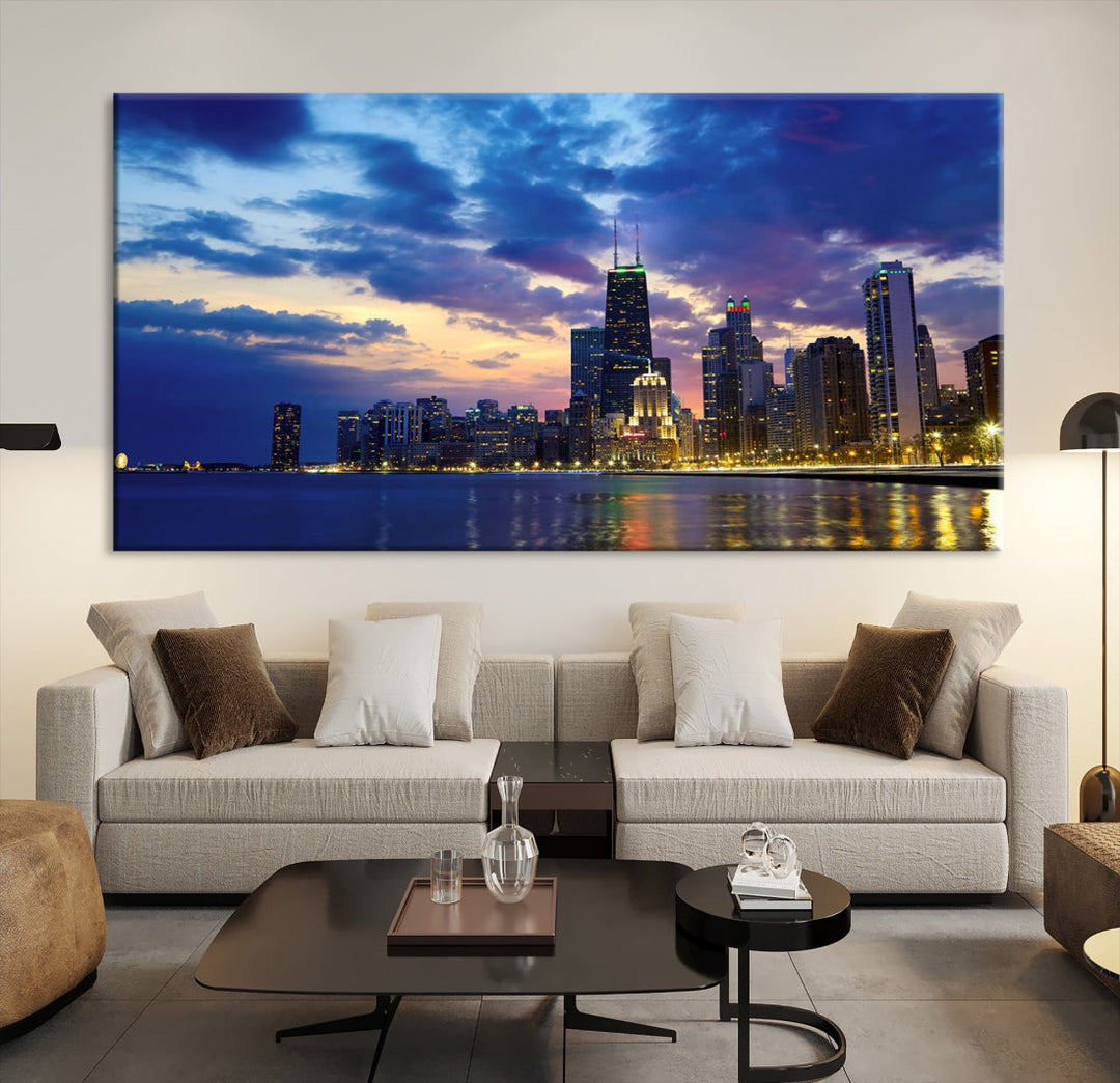 Blue Chicago Night Skyline Downtown Cityscape Large Wall Art Canvas Print