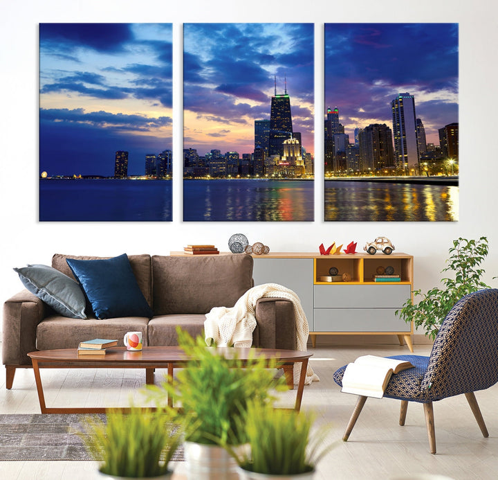 Blue Chicago Night Skyline Downtown Cityscape Large Wall Art Canvas Print