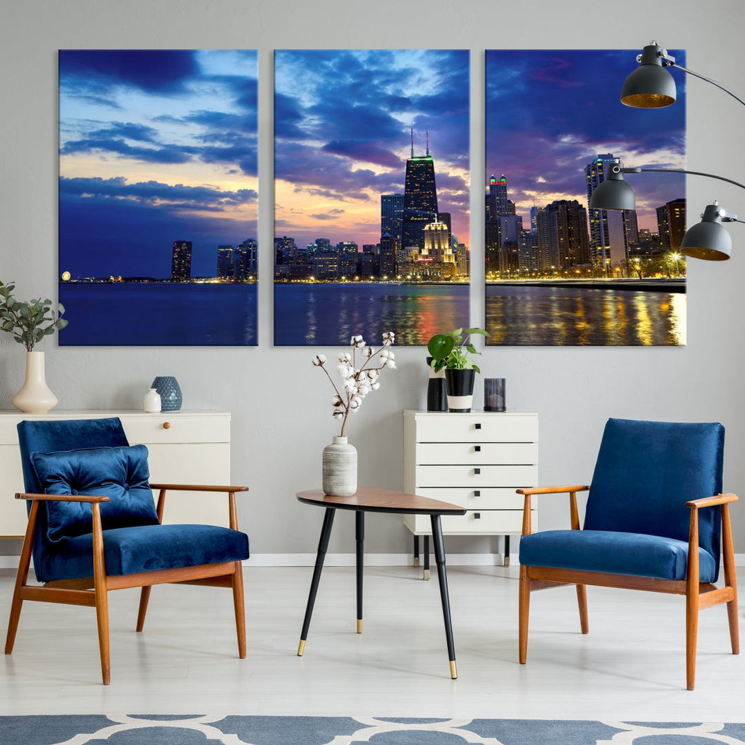 Blue Chicago Night Skyline Downtown Cityscape Large Wall Art Canvas Print