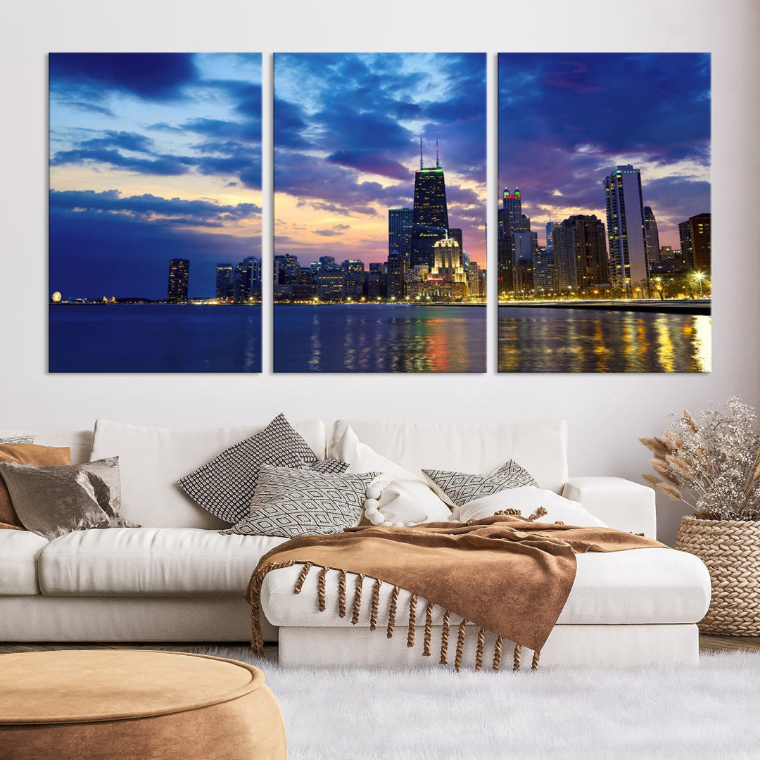 Blue Chicago Night Skyline Downtown Cityscape Large Wall Art Canvas Print