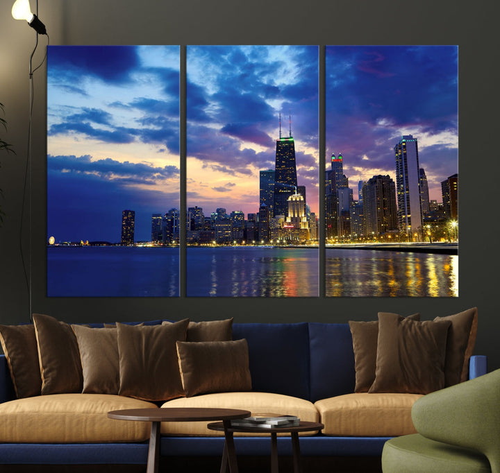 Blue Chicago Night Skyline Downtown Cityscape Large Wall Art Canvas Print