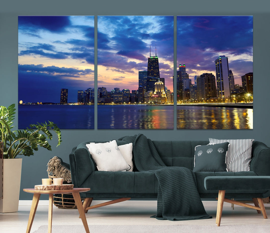 Blue Chicago Night Skyline Downtown Cityscape Large Wall Art Canvas Print