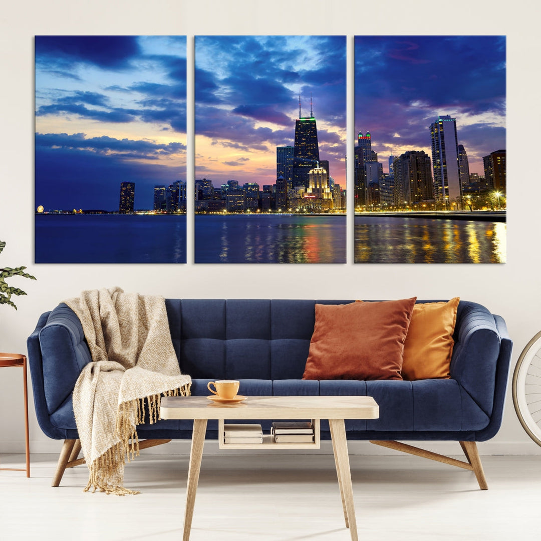 Blue Chicago Night Skyline Downtown Cityscape Large Wall Art Canvas Print