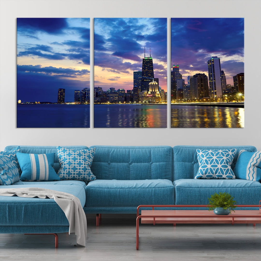 Blue Chicago Night Skyline Downtown Cityscape Large Wall Art Canvas Print