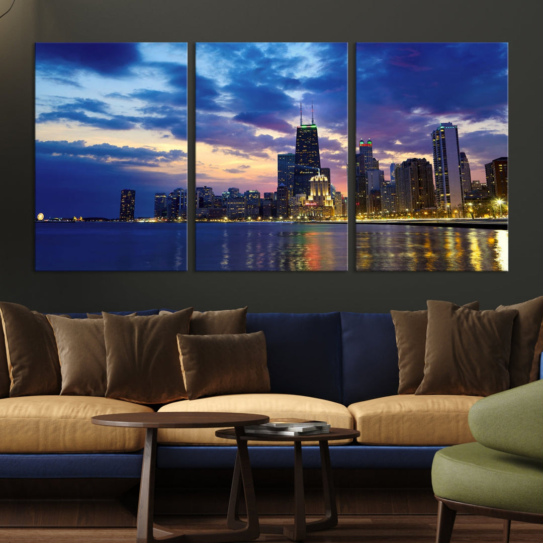 Blue Chicago Night Skyline Downtown Cityscape Large Wall Art Canvas Print