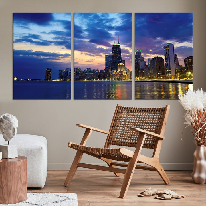 Blue Chicago Night Skyline Downtown Cityscape Large Wall Art Canvas Print