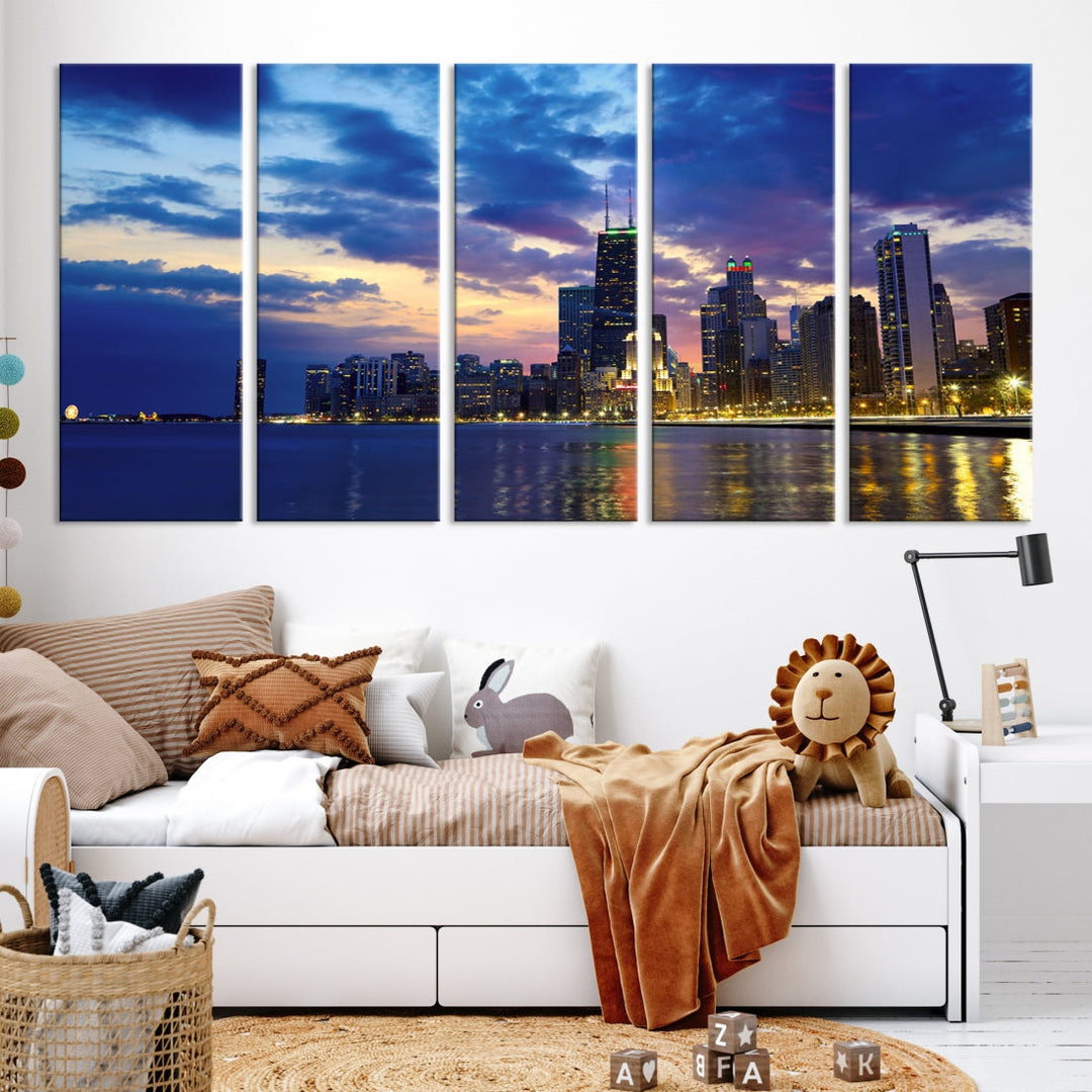 Blue Chicago Night Skyline Downtown Cityscape Large Wall Art Canvas Print