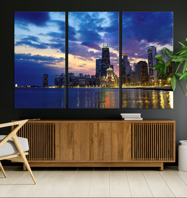 Blue Chicago Night Skyline Downtown Cityscape Large Wall Art Canvas Print