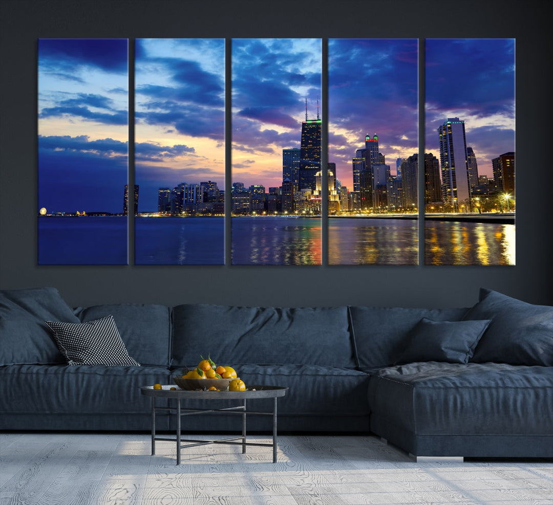 Blue Chicago Night Skyline Downtown Cityscape Large Wall Art Canvas Print