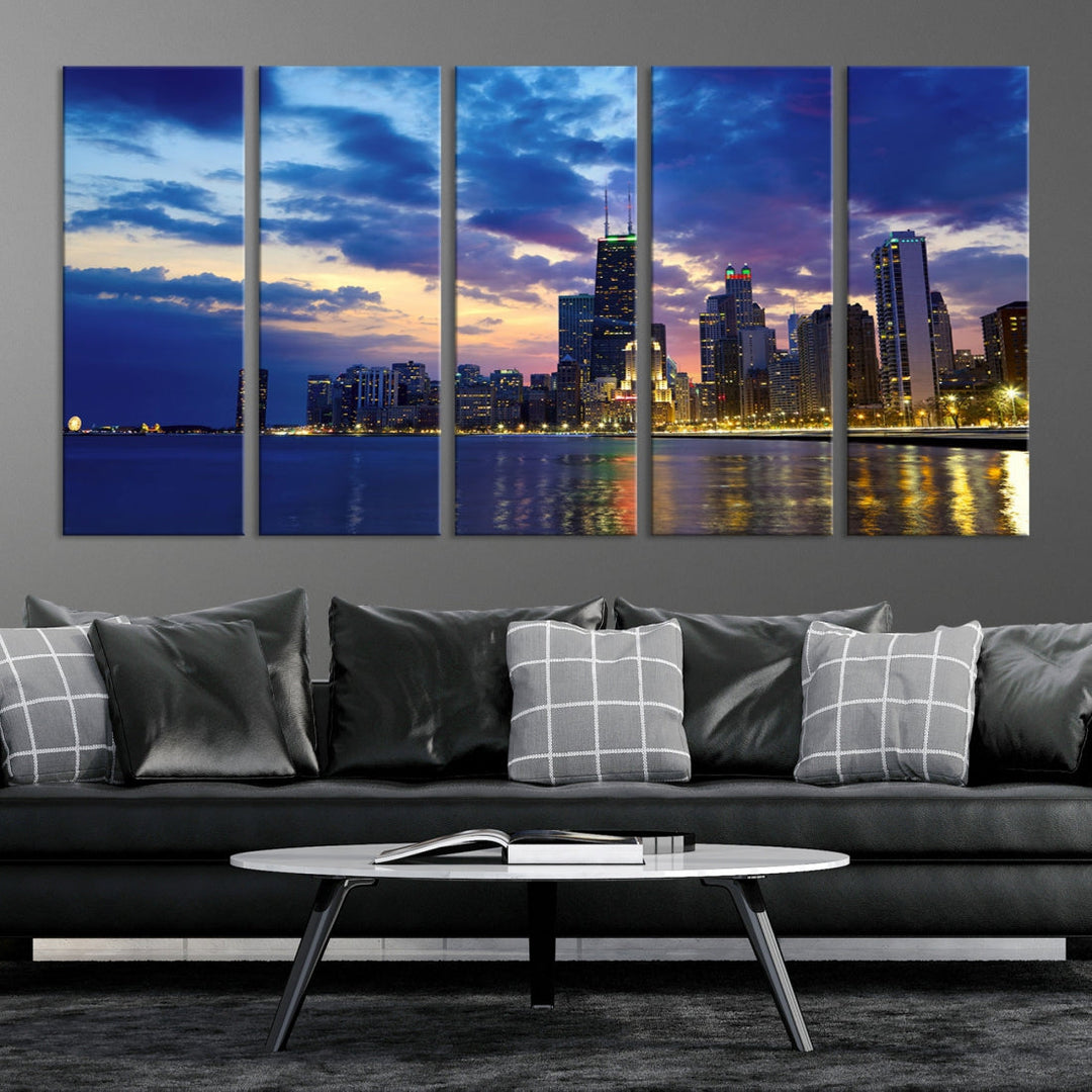 Blue Chicago Night Skyline Downtown Cityscape Large Wall Art Canvas Print