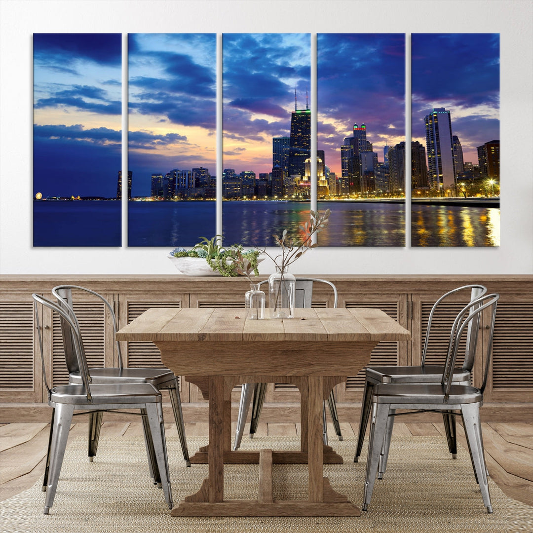 Blue Chicago Night Skyline Downtown Cityscape Large Wall Art Canvas Print