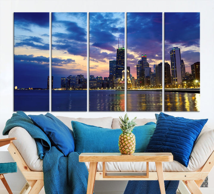 Blue Chicago Night Skyline Downtown Cityscape Large Wall Art Canvas Print