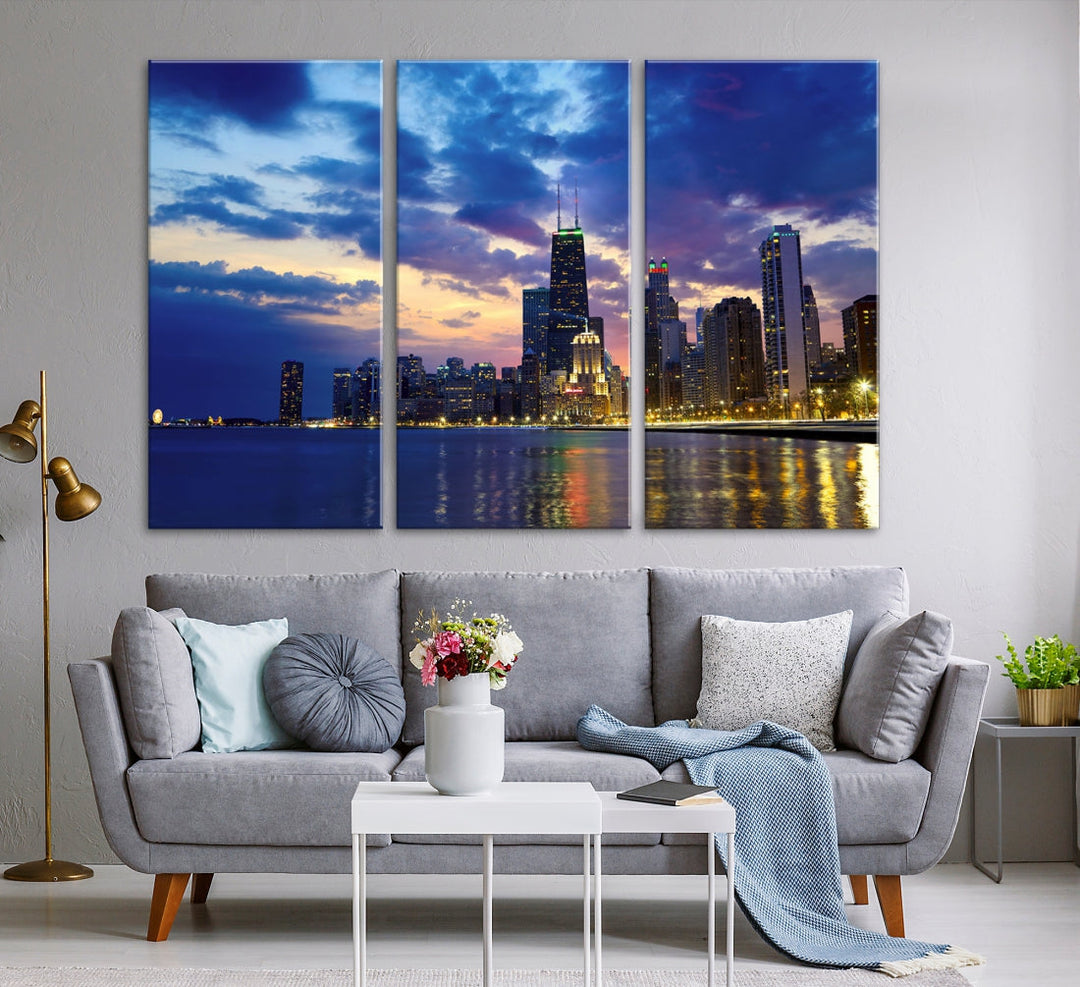 Blue Chicago Night Skyline Downtown Cityscape Large Wall Art Canvas Print