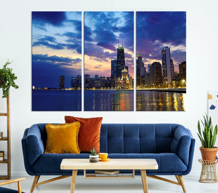 Blue Chicago Night Skyline Downtown Cityscape Large Wall Art Canvas Print