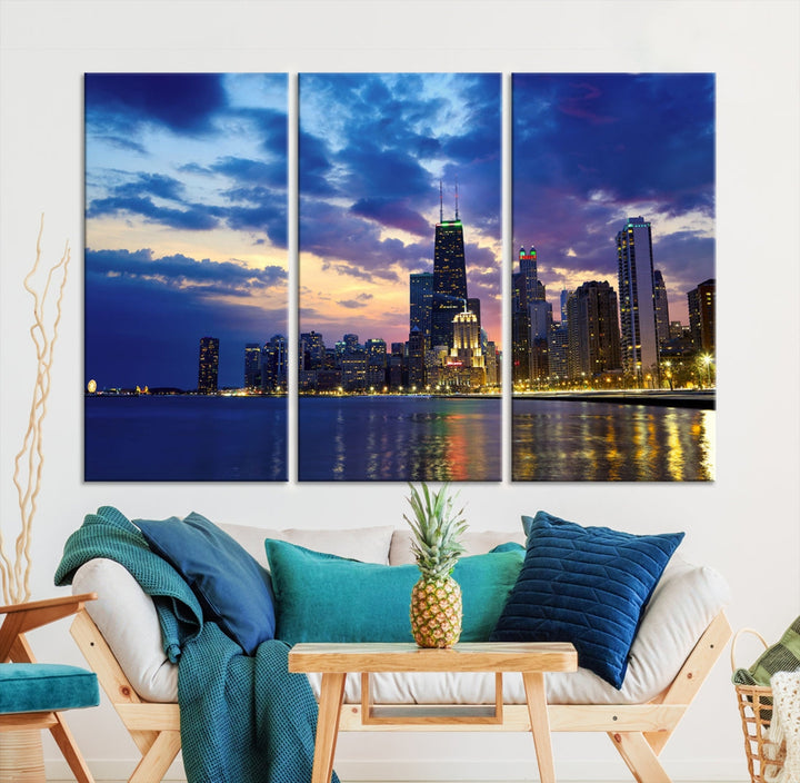 Blue Chicago Night Skyline Downtown Cityscape Large Wall Art Canvas Print