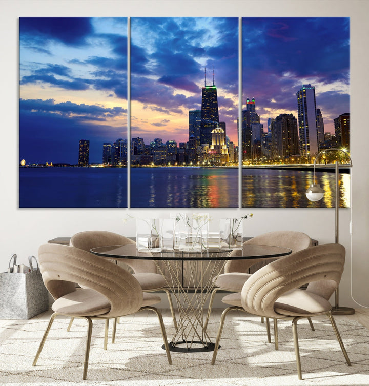 Blue Chicago Night Skyline Downtown Cityscape Large Wall Art Canvas Print