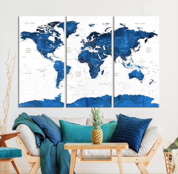 Blue Extra Large Framed Push Pin World Map Wall Art Canvas Print