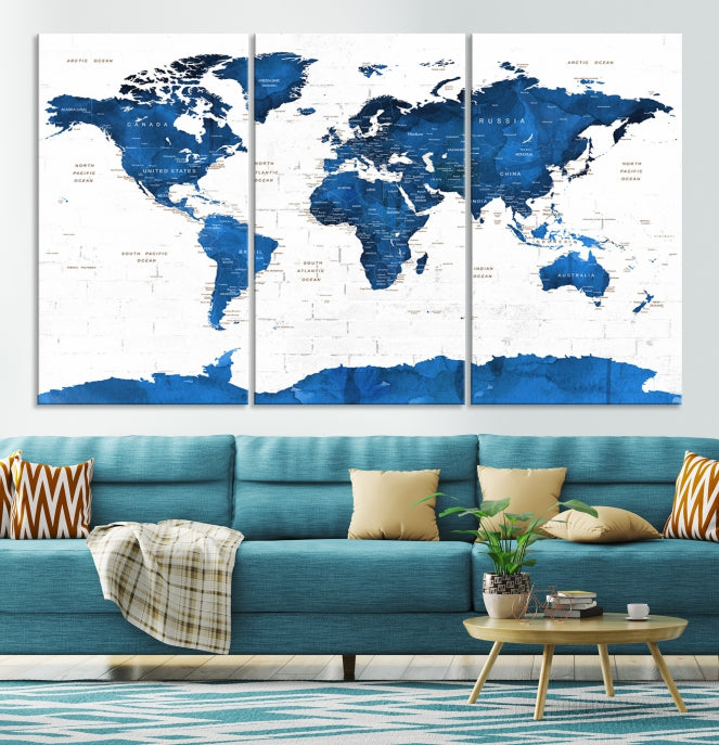 Blue Extra Large Framed Push Pin World Map Wall Art Canvas Print