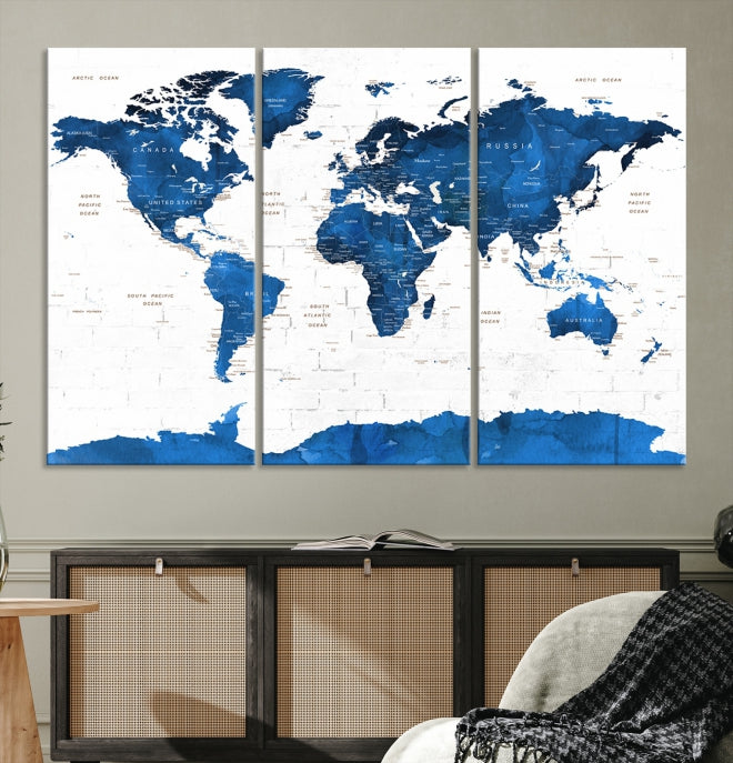 Blue Extra Large Framed Push Pin World Map Wall Art Canvas Print