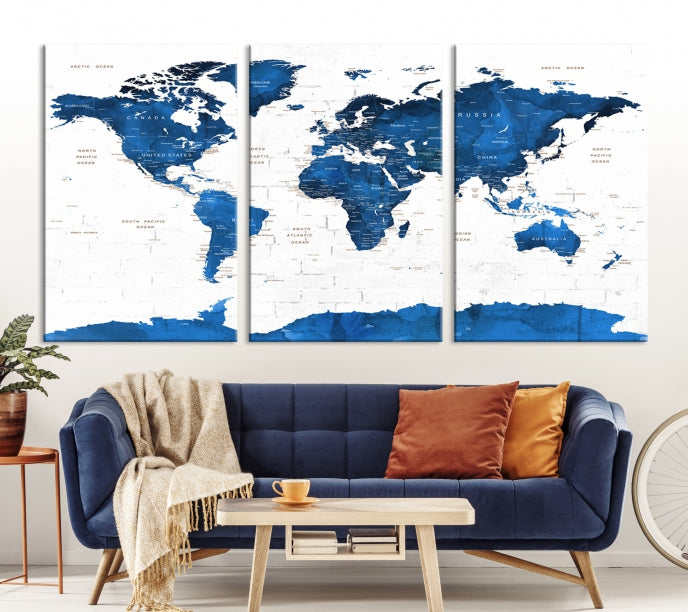 Blue Extra Large Framed Push Pin World Map Wall Art Canvas Print