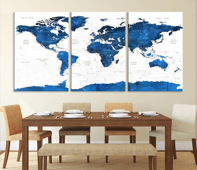 Blue Extra Large Framed Push Pin World Map Wall Art Canvas Print