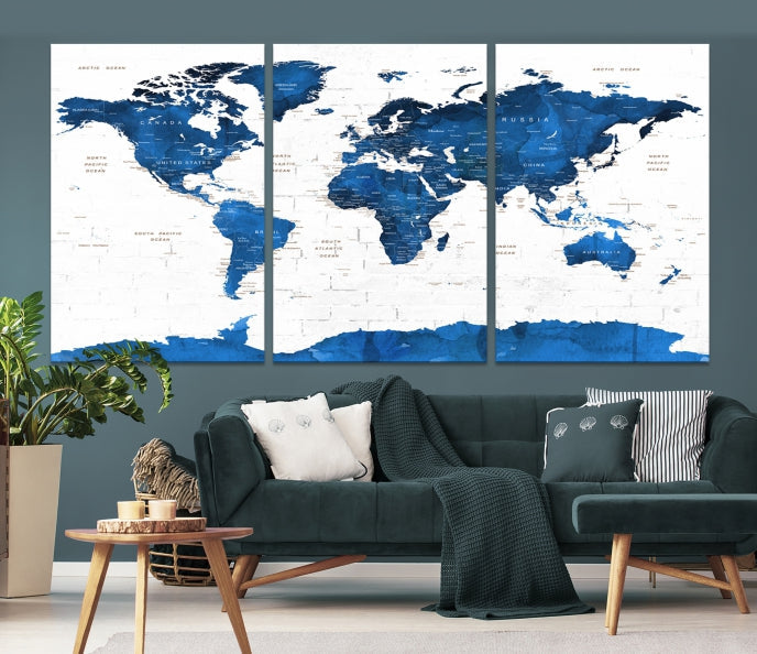 Blue Extra Large Framed Push Pin World Map Wall Art Canvas Print