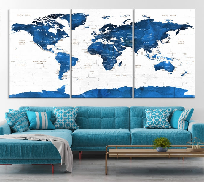 Blue Extra Large Framed Push Pin World Map Wall Art Canvas Print