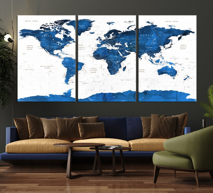 Blue Extra Large Framed Push Pin World Map Wall Art Canvas Print