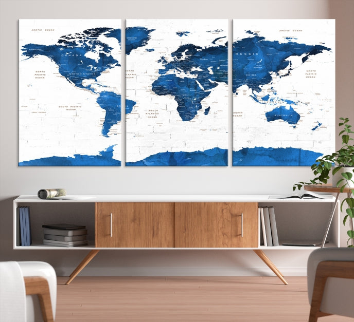 Blue Extra Large Framed Push Pin World Map Wall Art Canvas Print