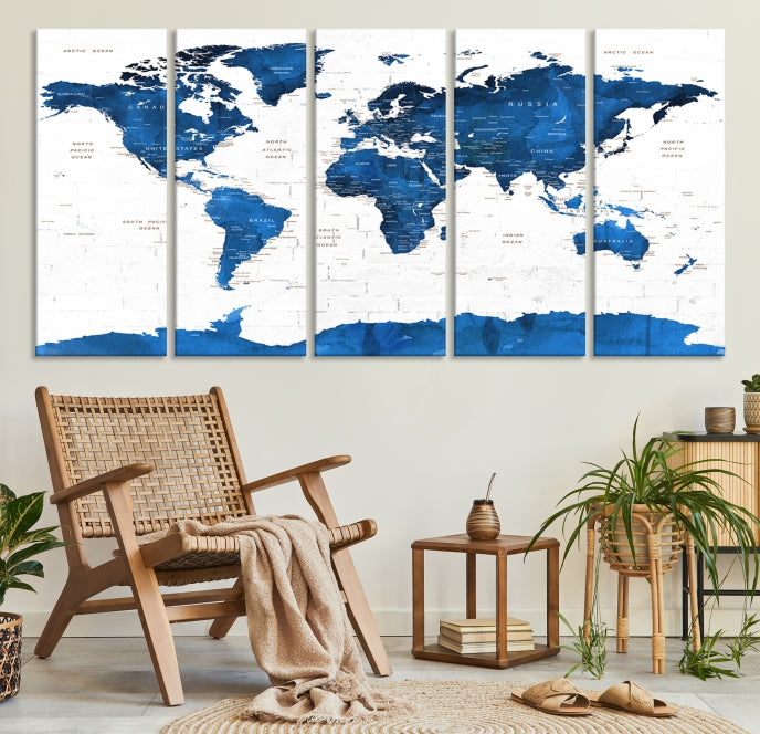 Blue Extra Large Framed Push Pin World Map Wall Art Canvas Print