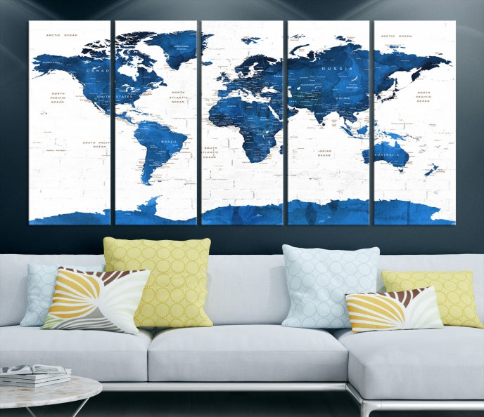 Blue Extra Large Framed Push Pin World Map Wall Art Canvas Print