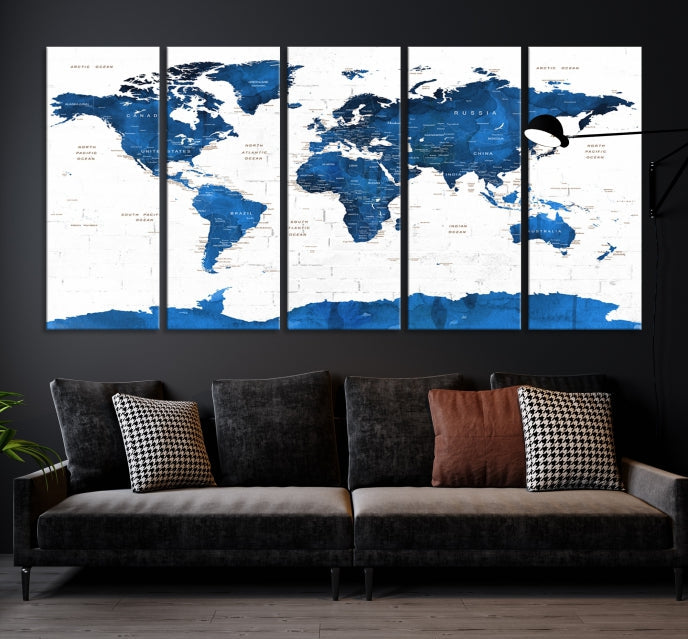 Blue Extra Large Framed Push Pin World Map Wall Art Canvas Print